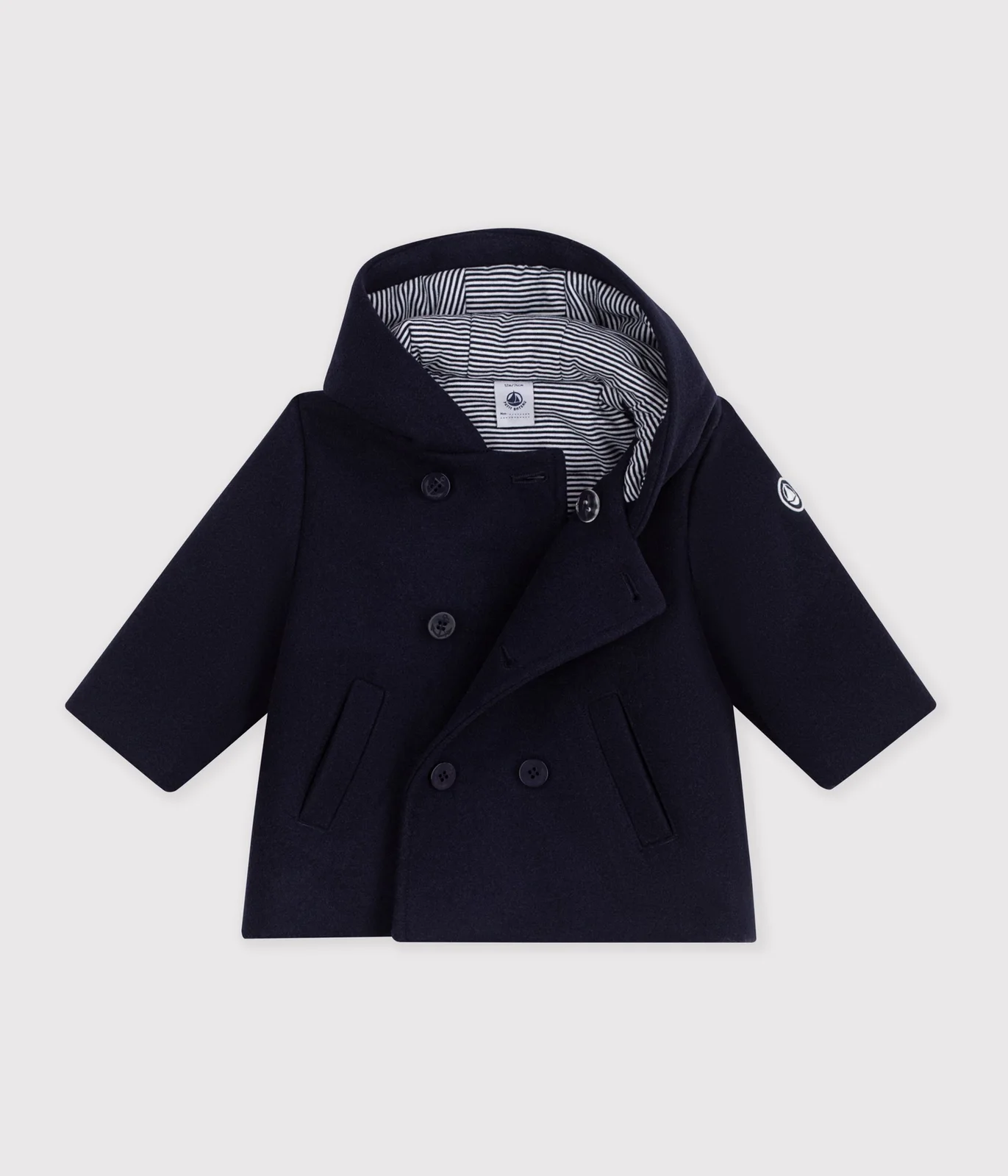 Babies' pea coat in plain woollen broadcloth
