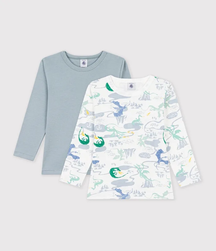 Pack of children's long-sleeved dragon print cotton T-shirts