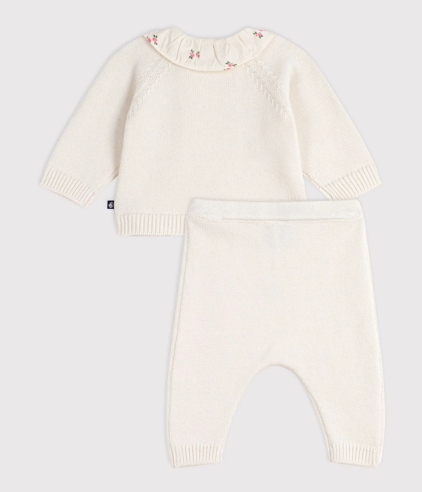 Babies' 2-piece set in wool and cotton with a flower-patterned ruff