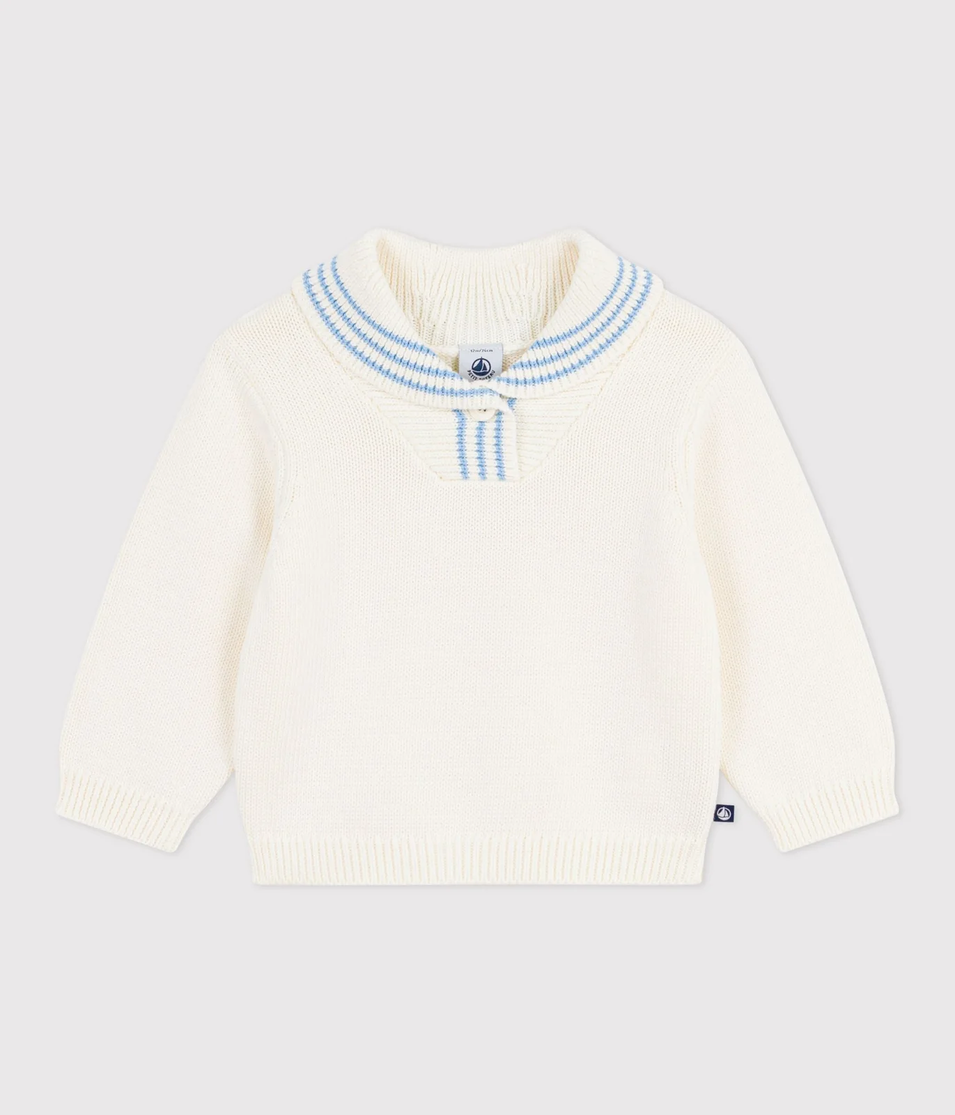 Babies' stripy cotton jumper with a shawl collar