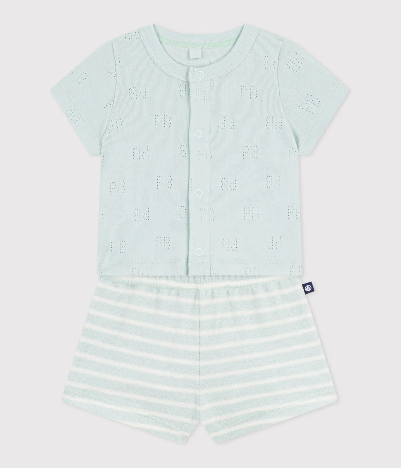 Babies' short cotton two-piece outfit with a stripy bottom half