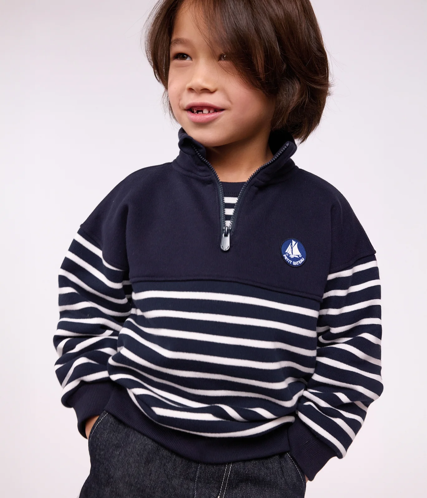 Children's stripy shawl collared cotton sweatshirt