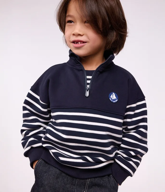 Children's stripy shawl collared cotton sweatshirt