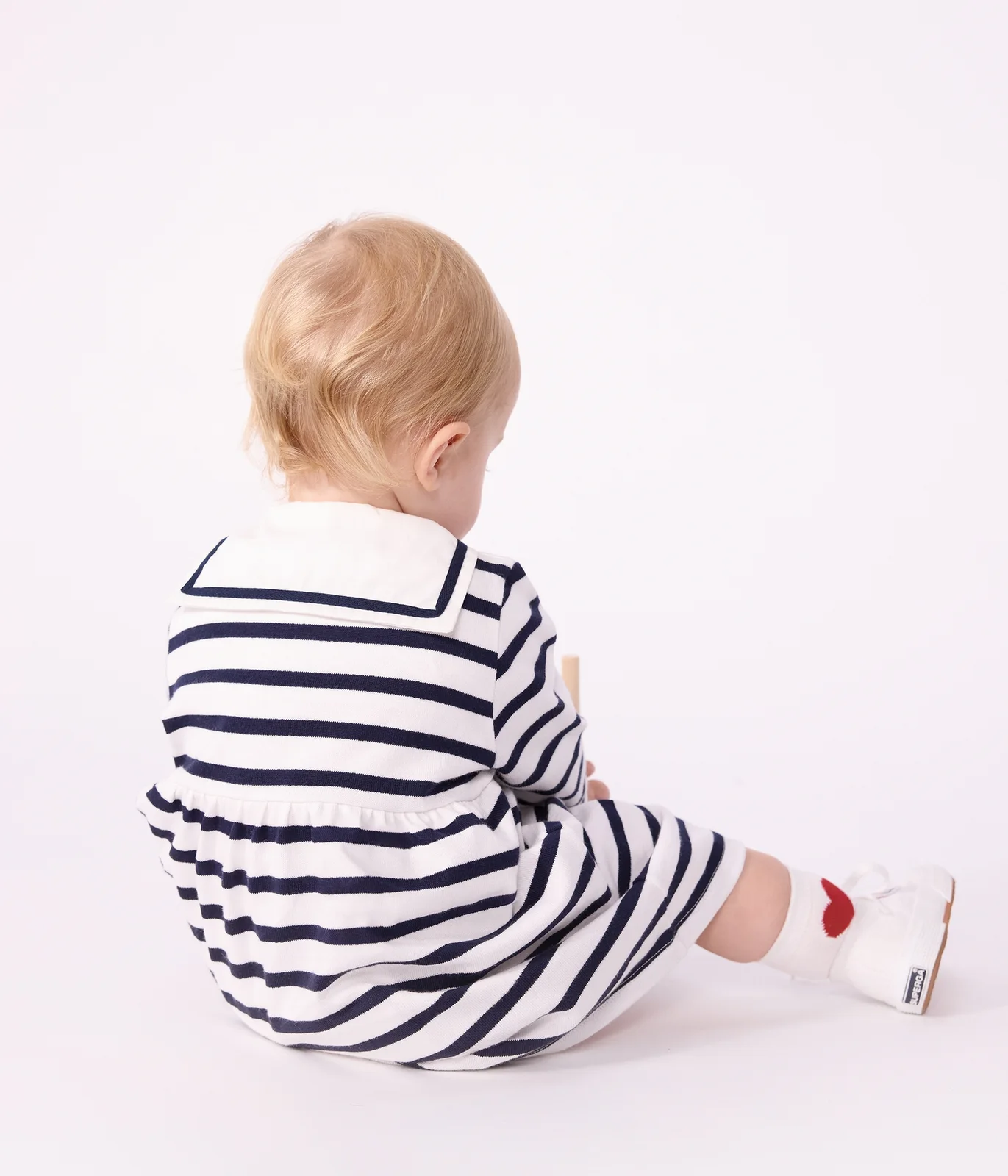 Babies' cotton dress with long sleeves and Breton stripes