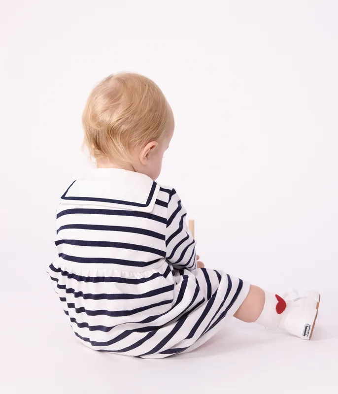 Babies' cotton dress with long sleeves and Breton stripes
