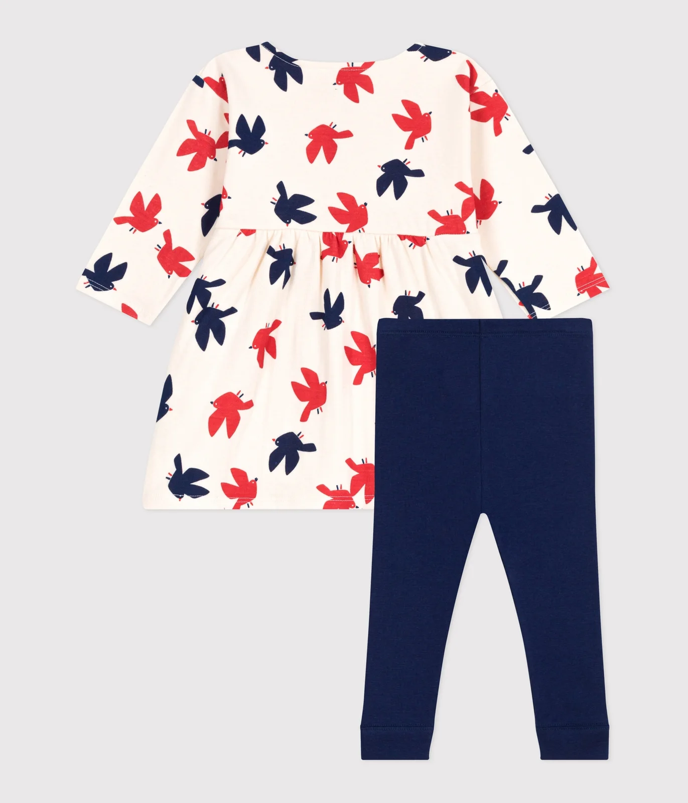 Babies' long-sleeved bird print cotton dress and leggings