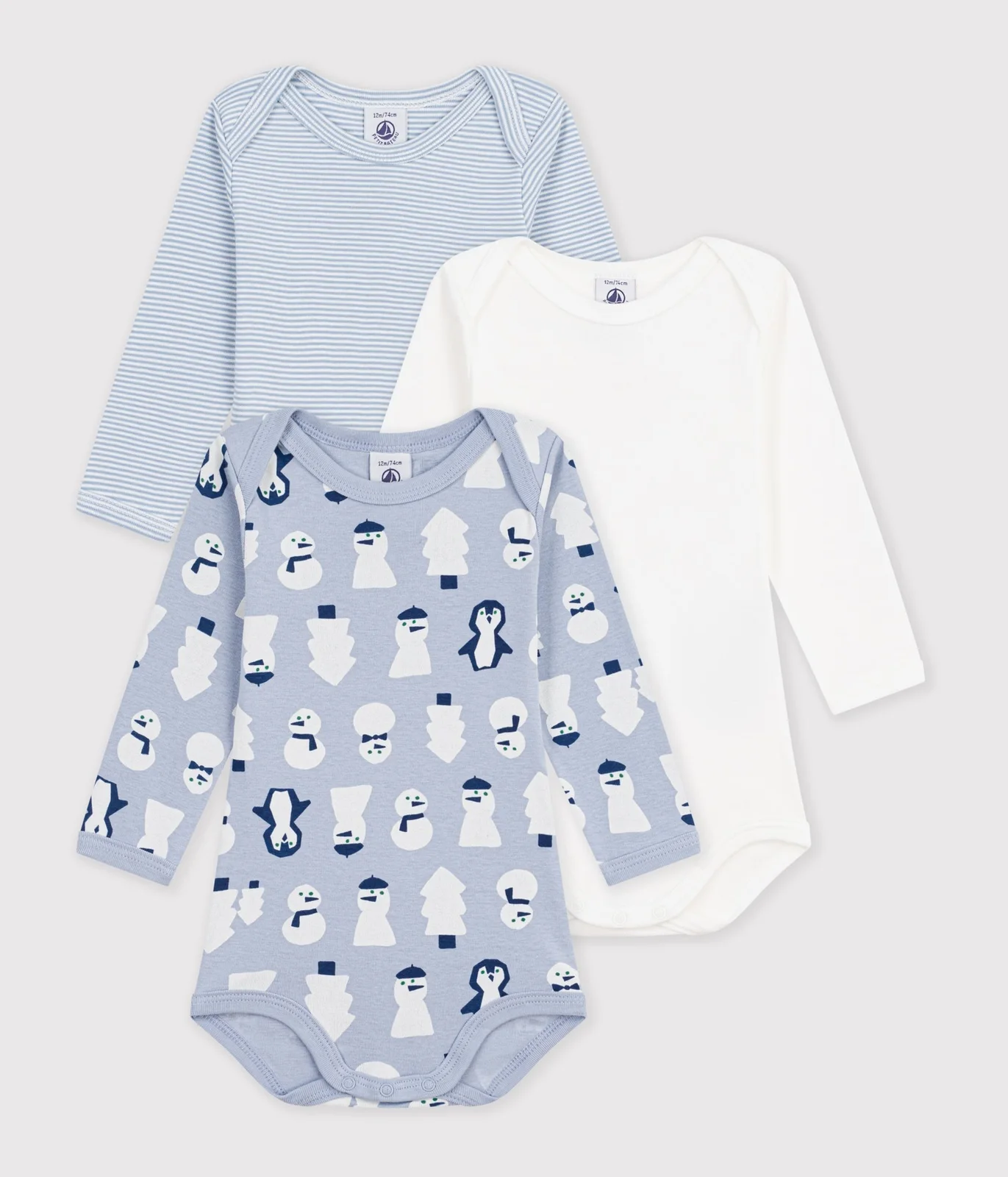 Pack of long sleeved snowman-print cotton bodies for babies