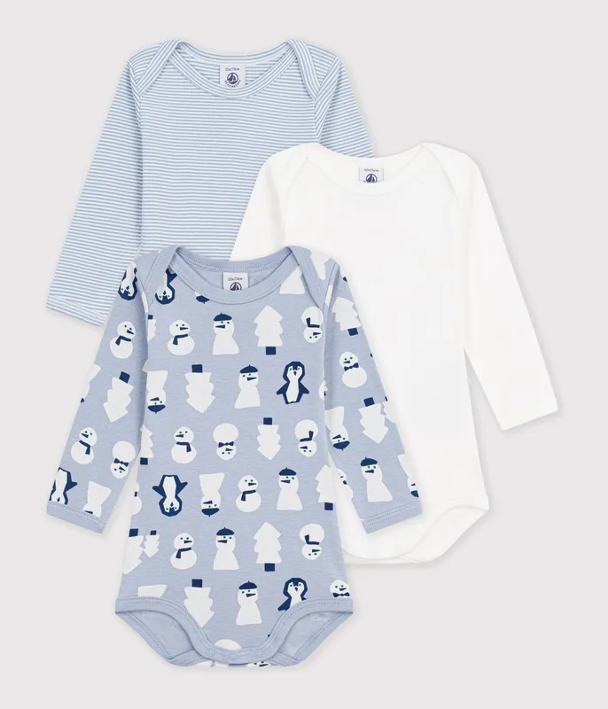Pack of long sleeved snowman-print cotton bodies for babies