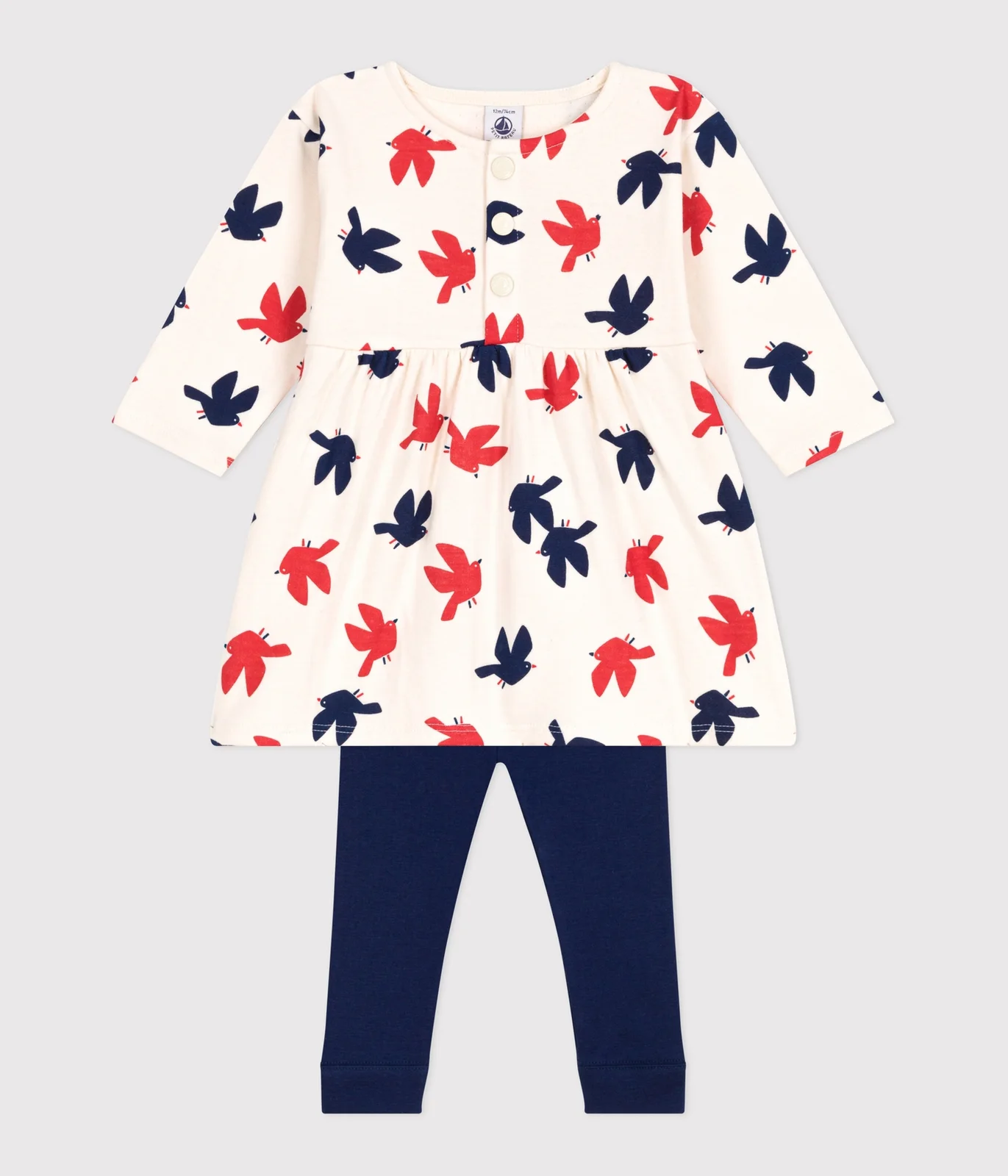Babies' long-sleeved bird print cotton dress and leggings