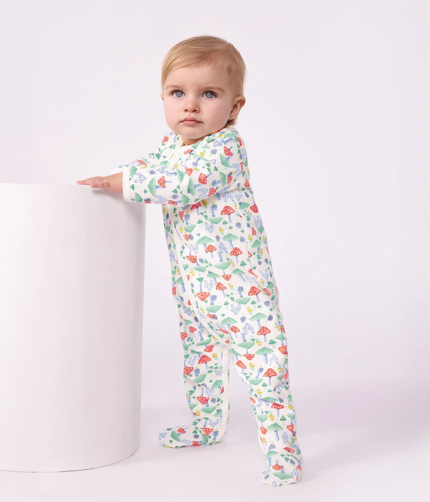 Babies' patterned fleece pyjama suit printed with mushrooms