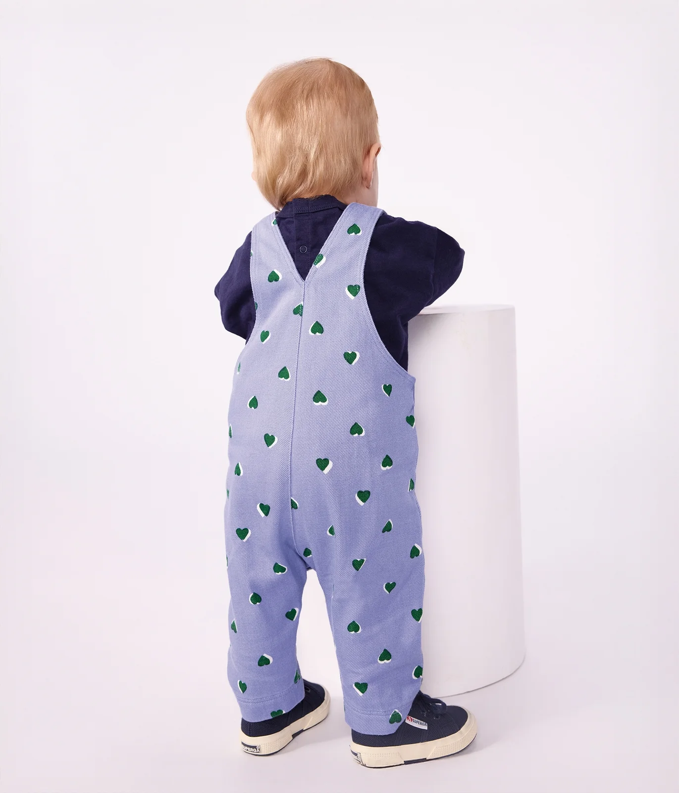 Babies' dungarees in serge with long legs and a heart print
