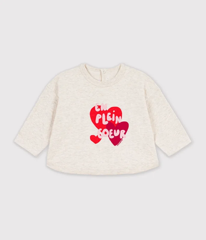 Babies' long-sleeved plain cotton T-shirt with a motif