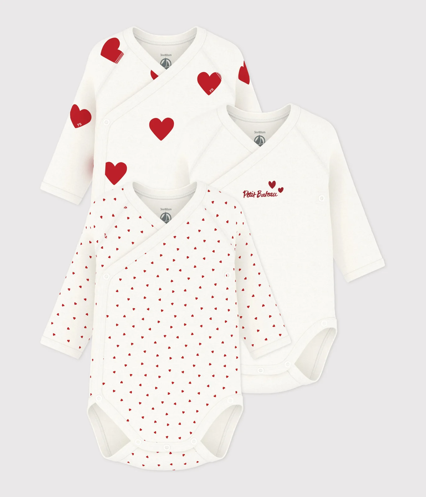 Babies' long-sleeved wrapover red heart pattern bodysuits - 3-Pack