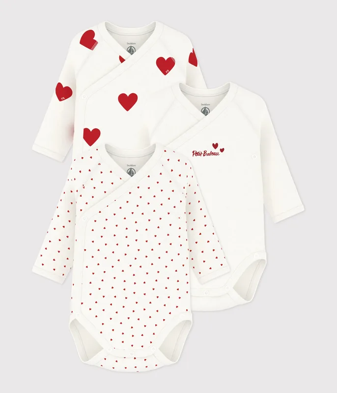 Babies' long-sleeved wrapover red heart pattern bodysuits - 3-Pack