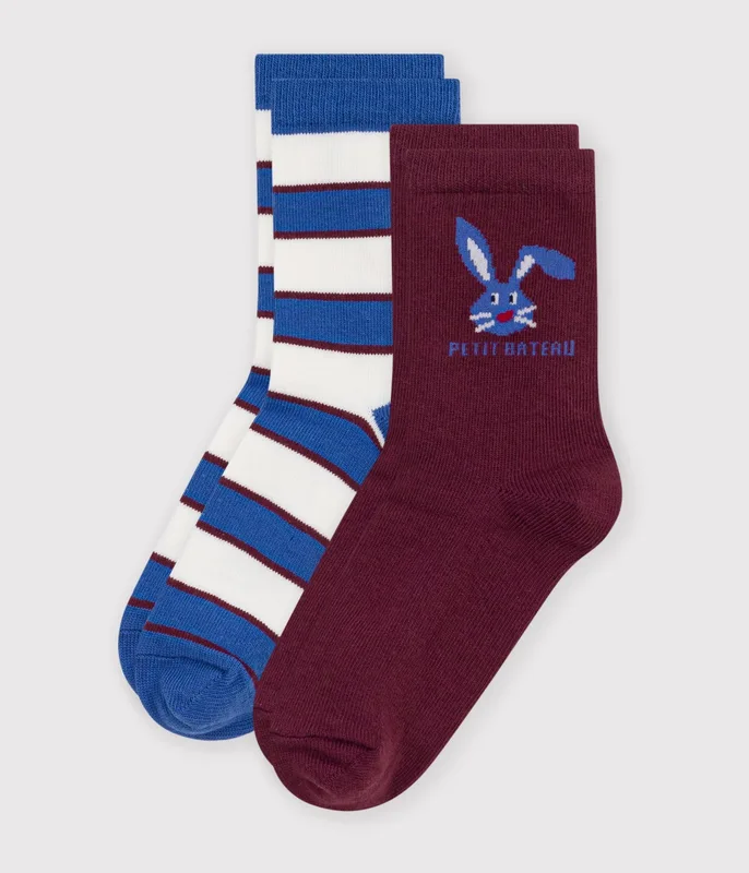 2 pairs of children's cotton socks with stripes and an animal pattern