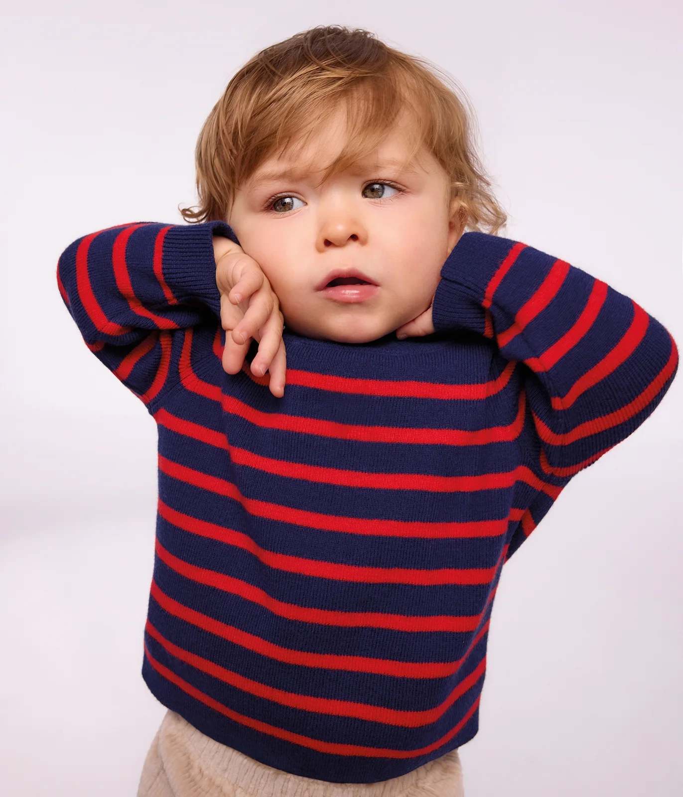 Babies' stripy wool and cotton sailor-style jumper