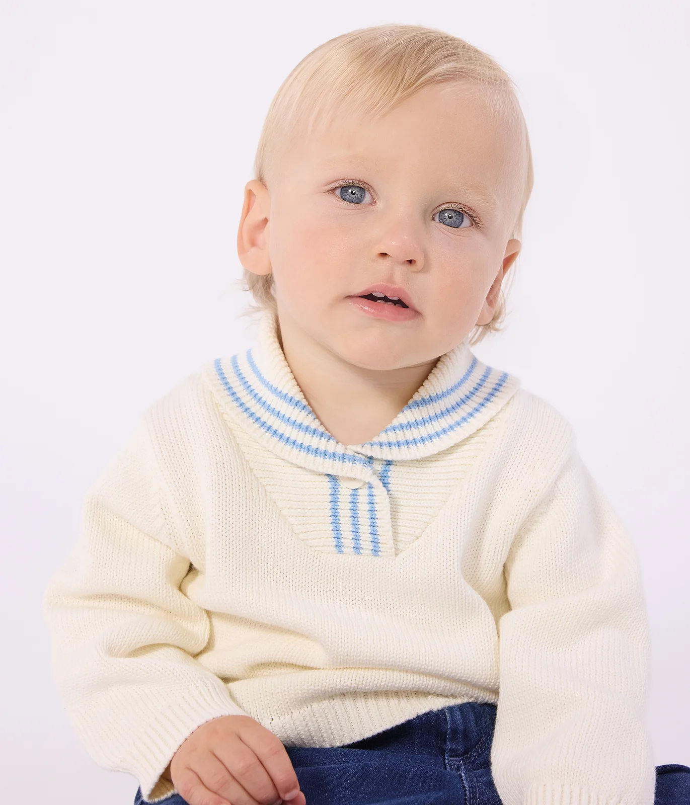 Babies' stripy cotton jumper with a shawl collar