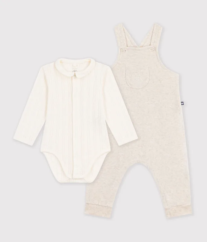 Babies' plain dungarees and body set in cotton with a collar
