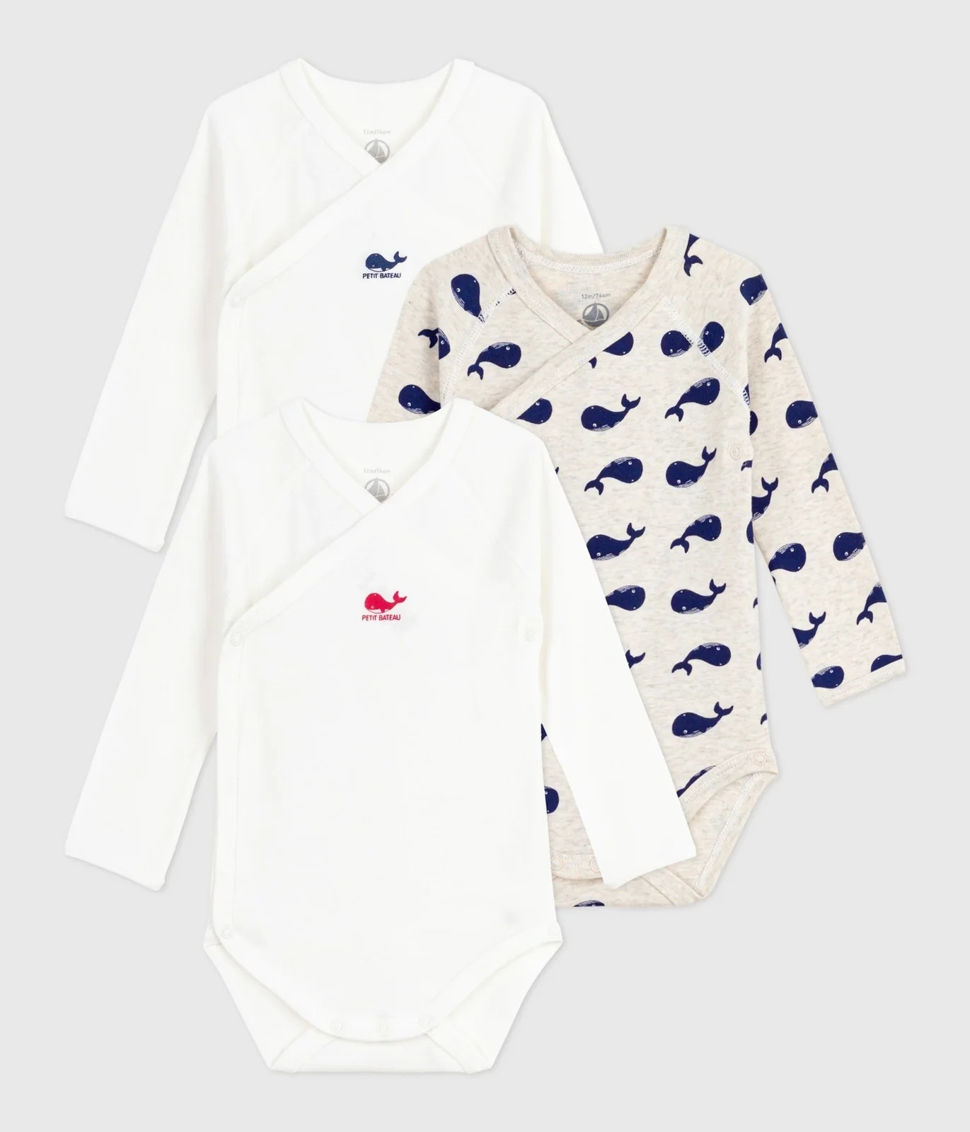 Pack of babies' long-sleeved printed cotton wrapover bodies
