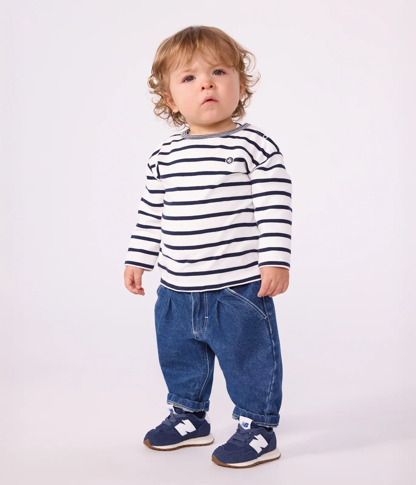 Babies' long-sleeved stripy cotton T-shirt.