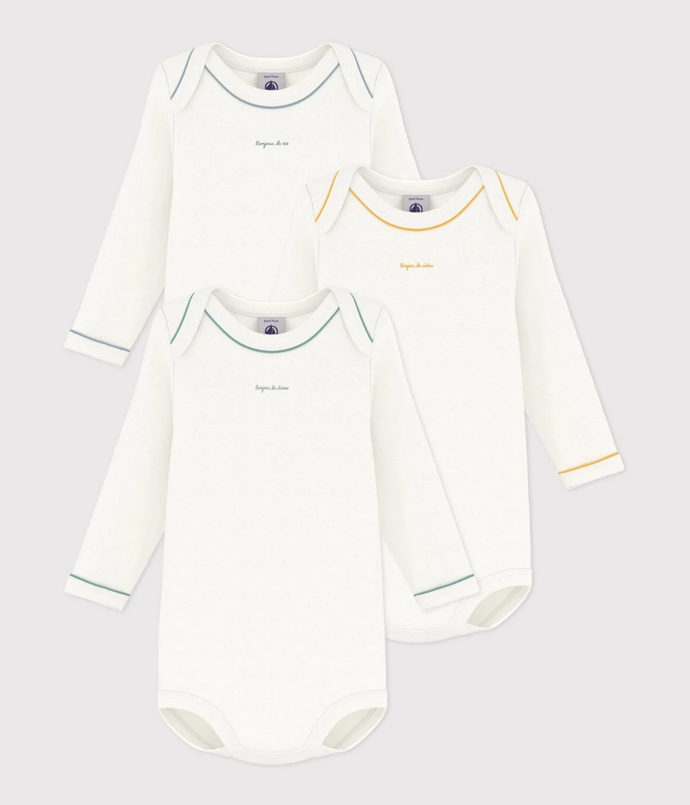 Pack of plain cotton long-sleeved baby bodies