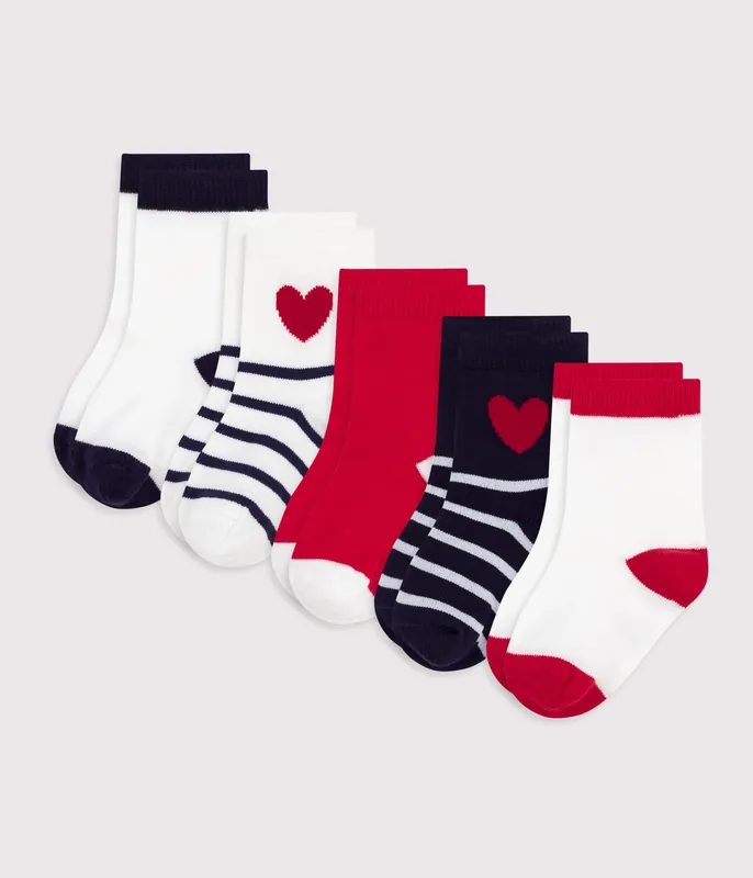 5 pairs of babies' cotton socks with stripes and hearts