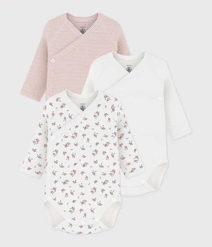 Pack of babies' long-sleeved printed cotton wrapover bodies
