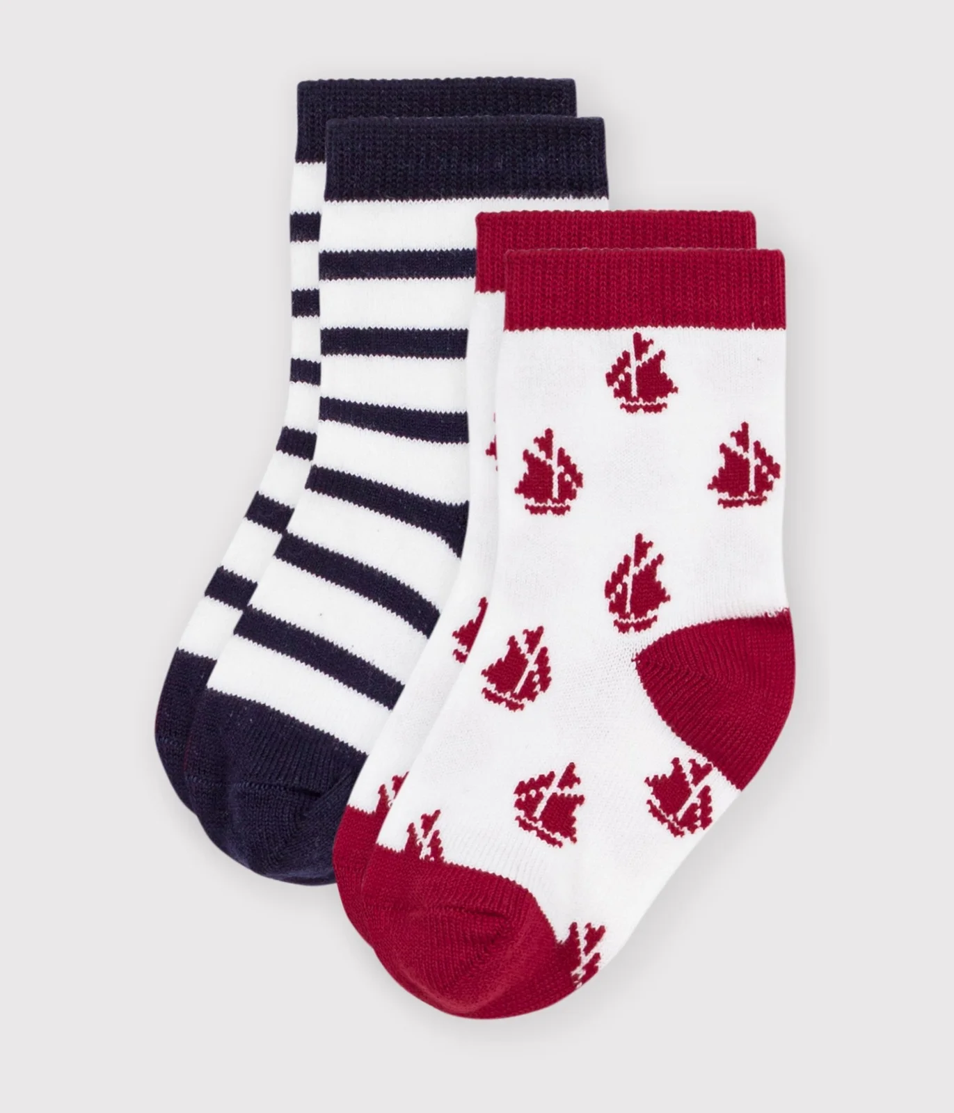 2 pairs of baby cotton socks with stripes and a boat print