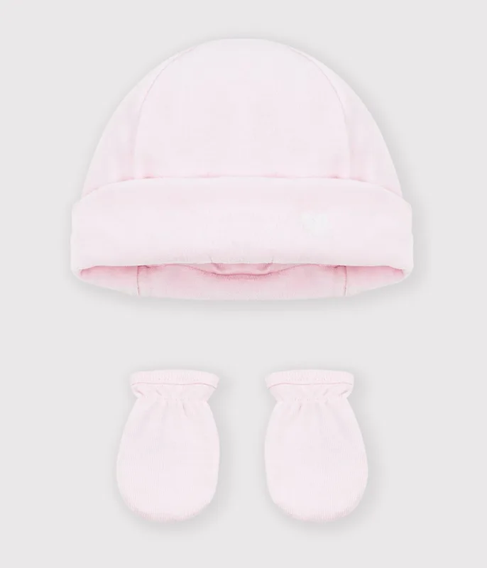 Babies' plain beanie and mittens set
