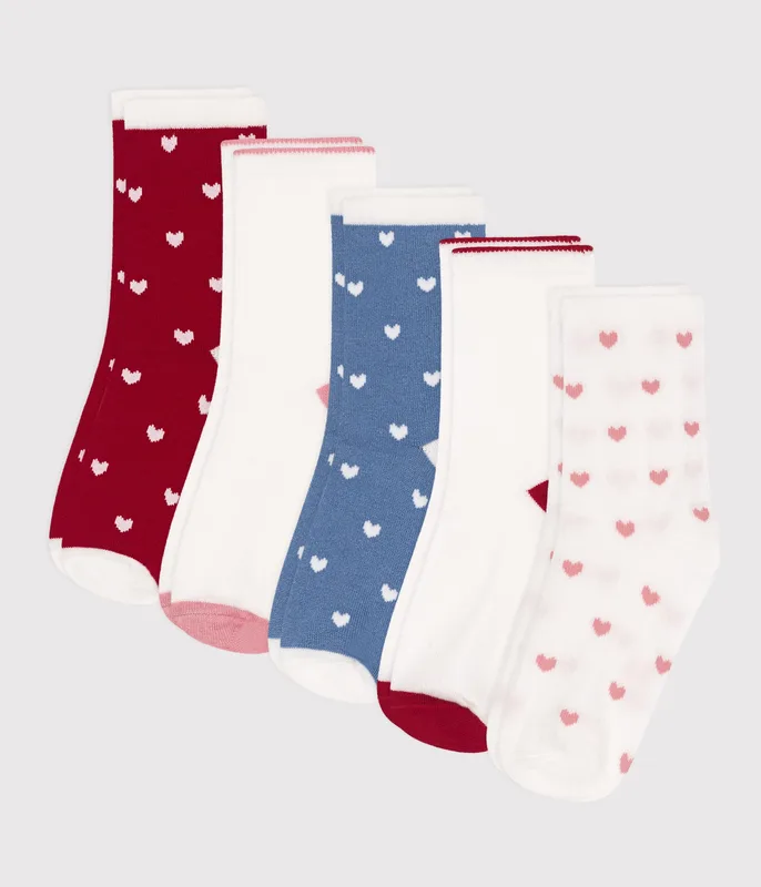 Pairs of girls' heart-patterned cotton socks - 5-pack
