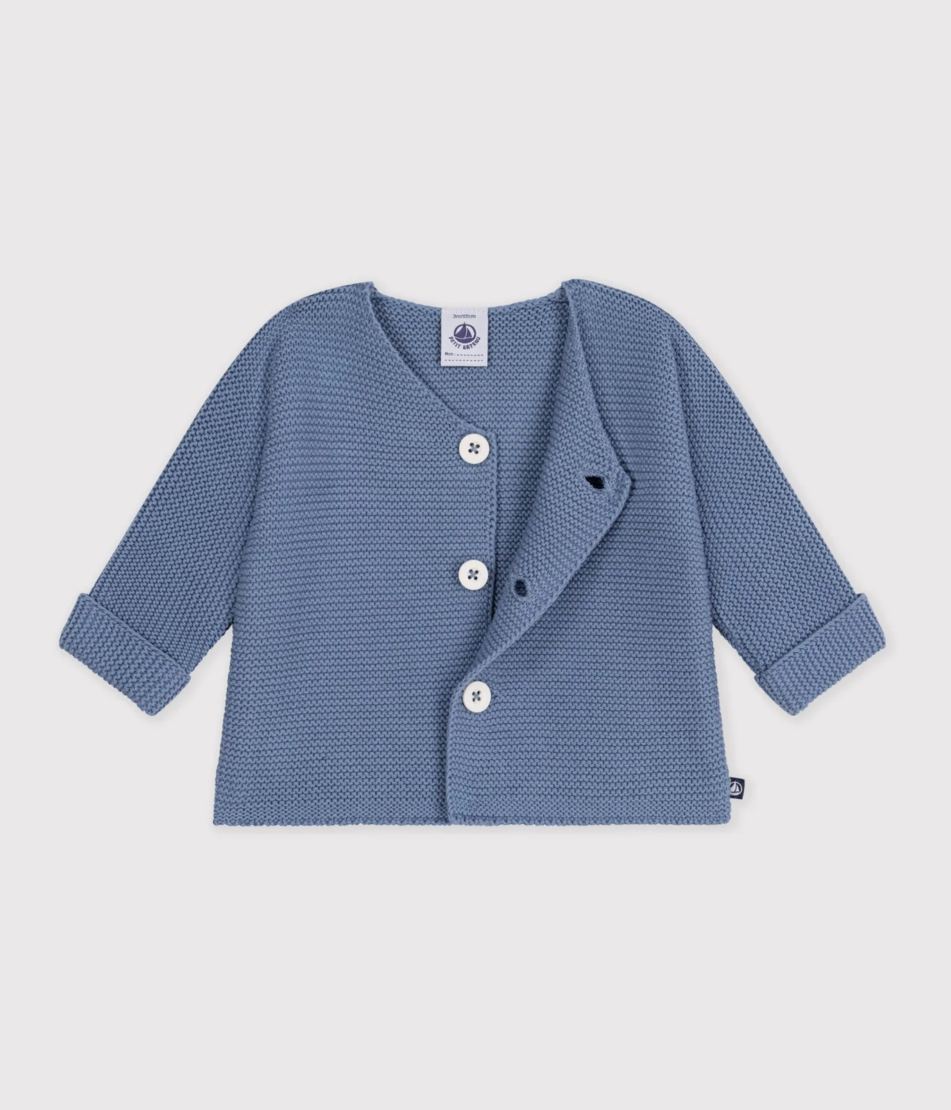 Baby cardigan knitted in garter stitch in plain cotton
