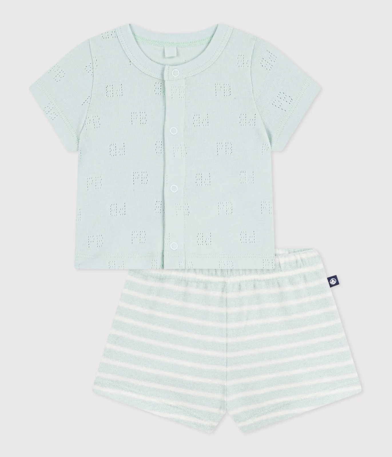 Babies' short cotton two-piece outfit with a stripy bottom half