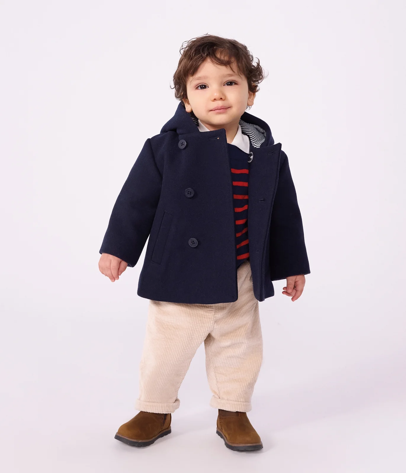Babies' pea coat in plain woollen broadcloth