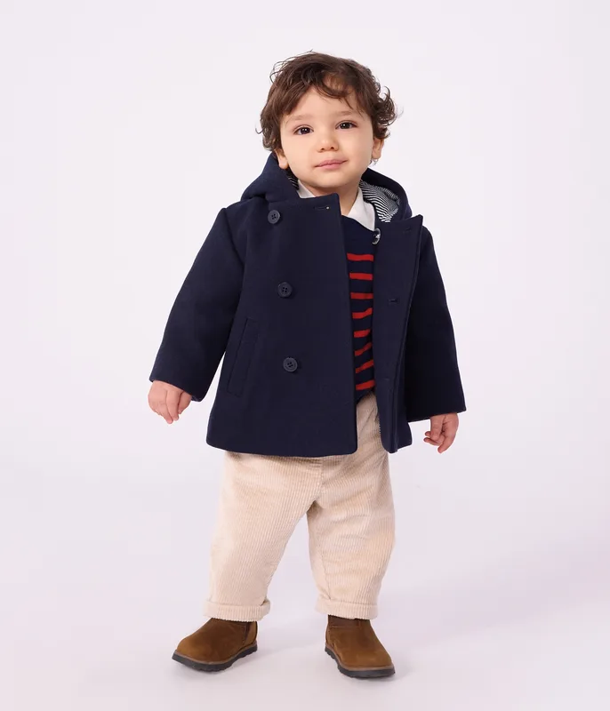 Babies' pea coat in plain woollen broadcloth