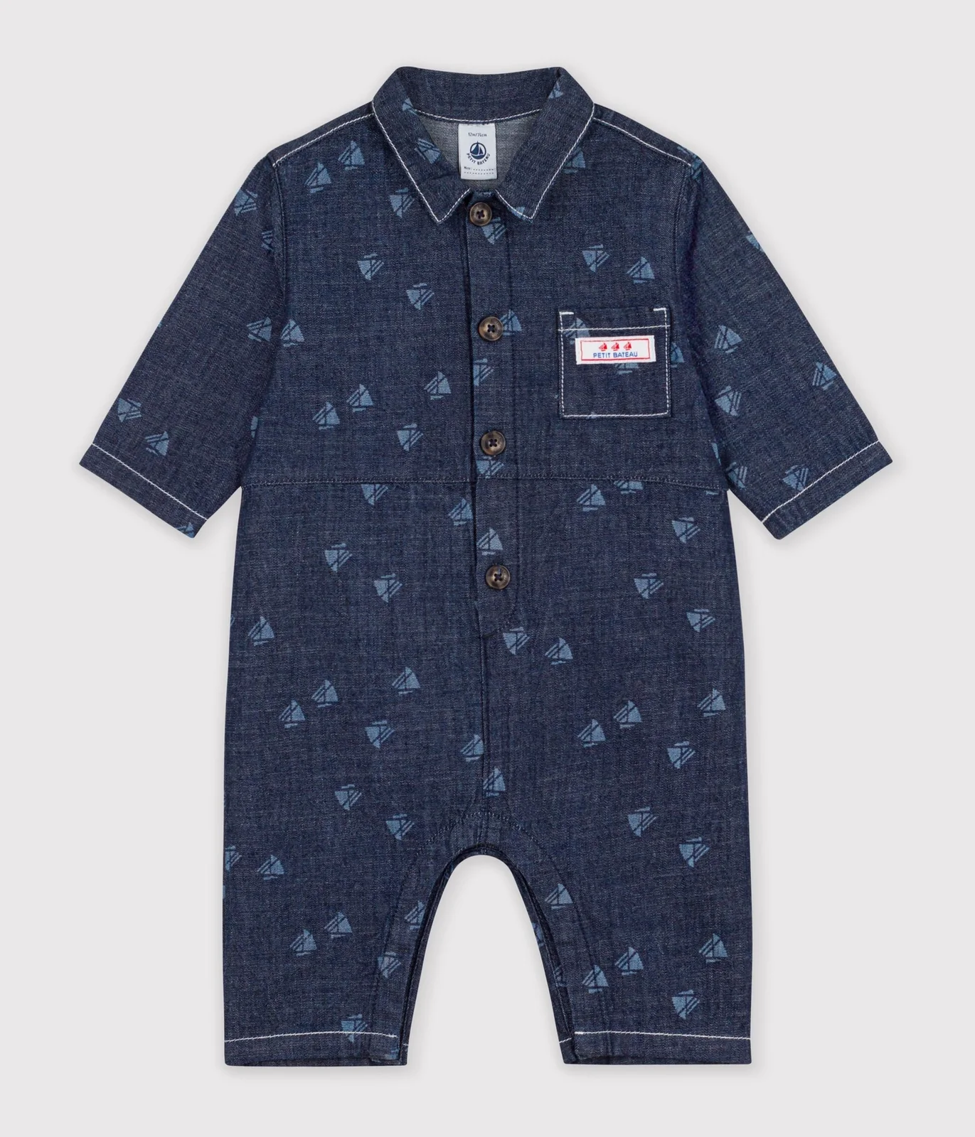Babies' long jumpsuit in denim with a boat print