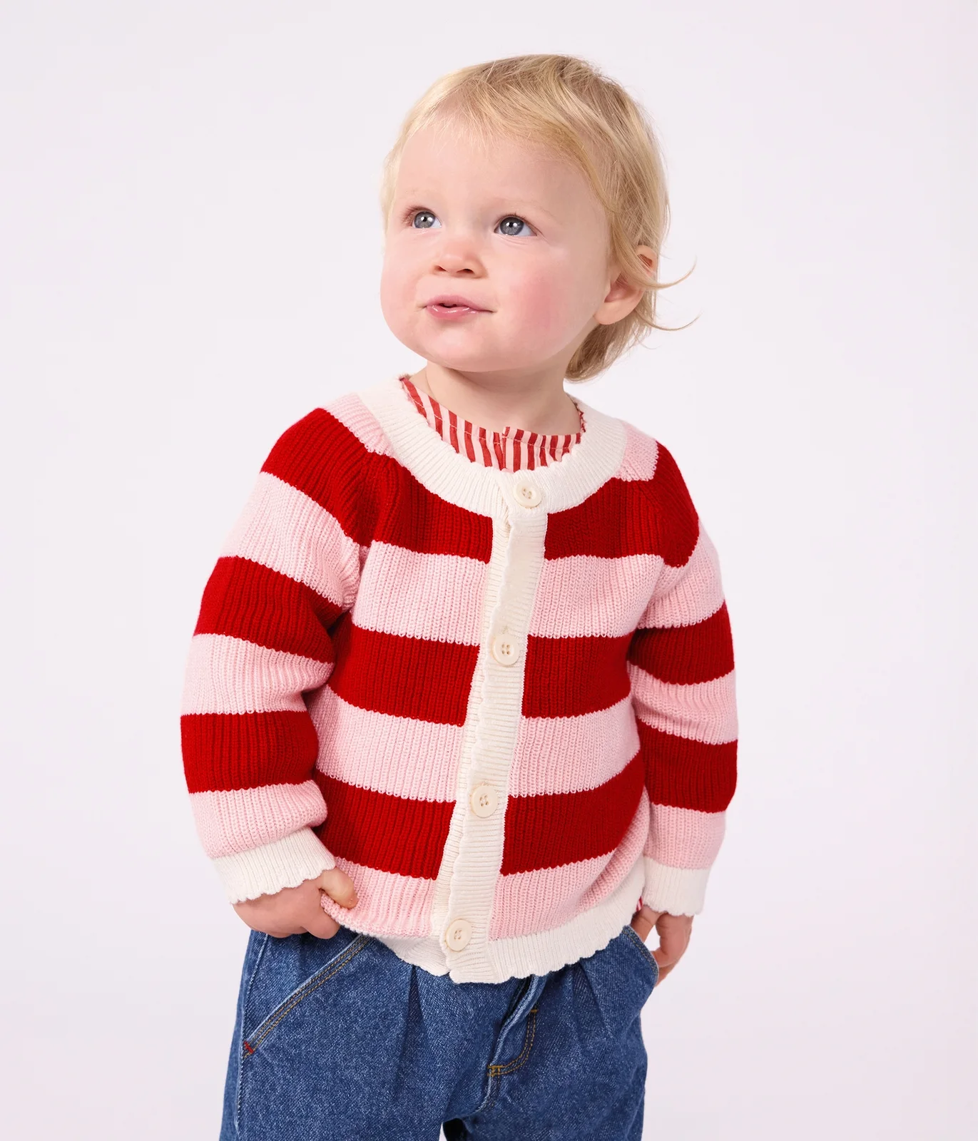 Babies' cardigan in stripy cotton
