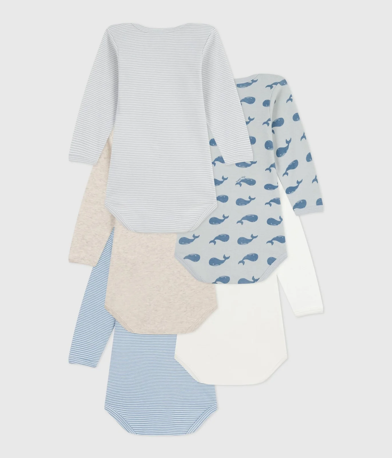 Pack of babies' long-sleeved whale-print cotton bodies