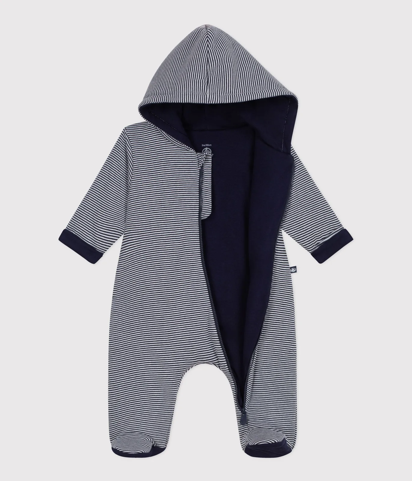 Babies' stripy padded jumpsuit with a hood and feet