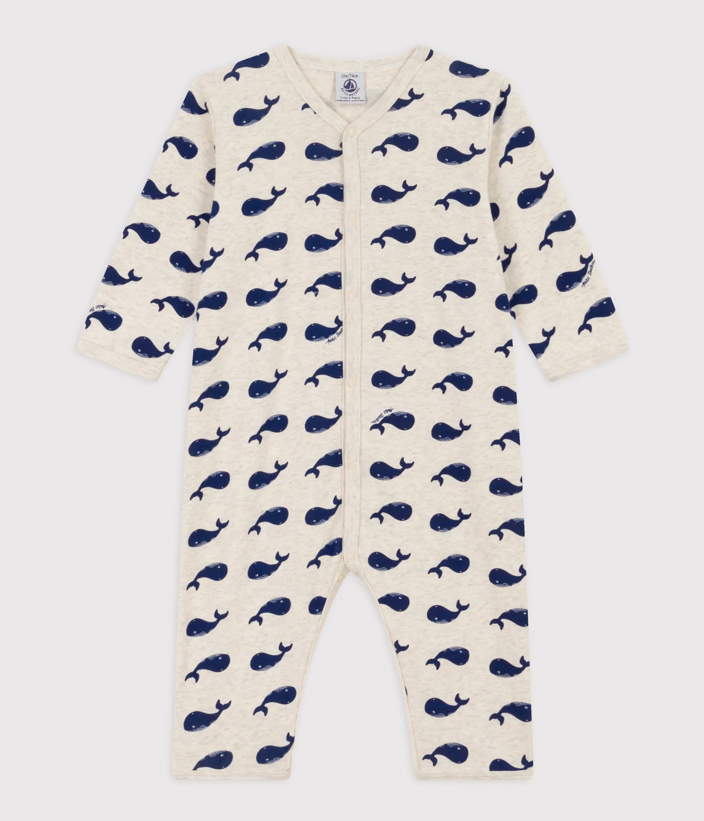 Baby's footless sleepsuit in whale-print cotton