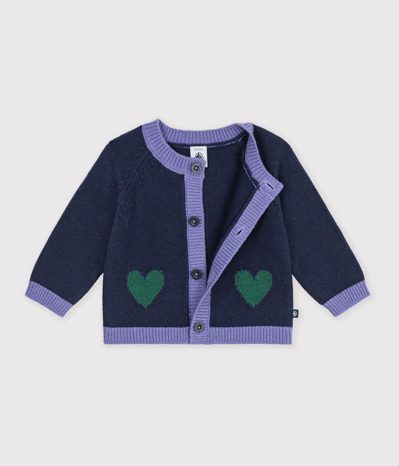Babies' jaquard heart pattern cardigan knitted in wool and cotton
