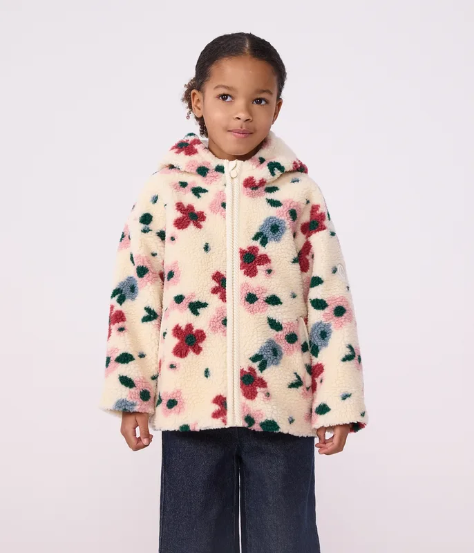 Children's hooded jacket in floral sherpa