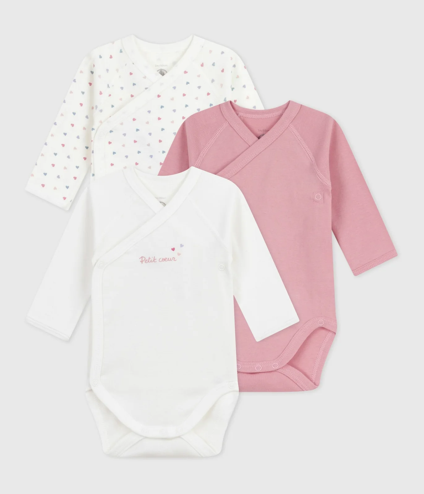 Pack of babies' long-sleeved printed cotton wrapover bodies