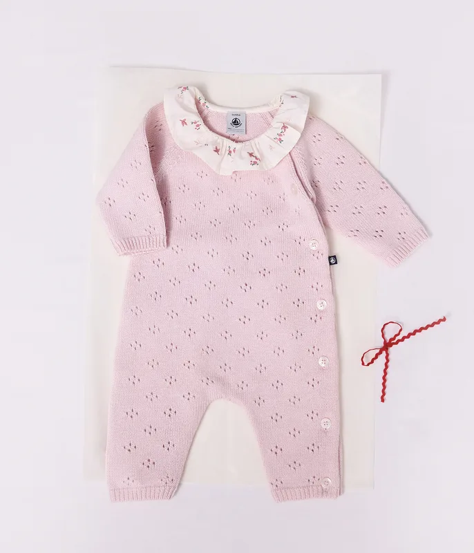 Babies' jumpsuit in wool and cotton knit with a plain collar