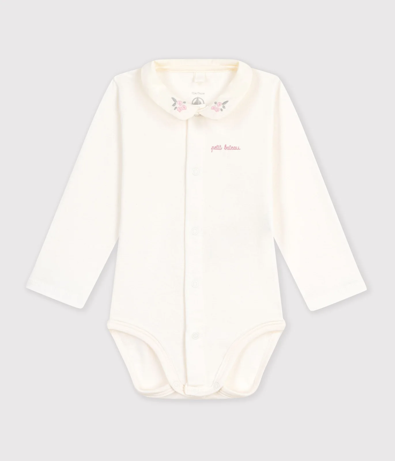 Babies' long-sleeved plain cotton body with an embroidered collar