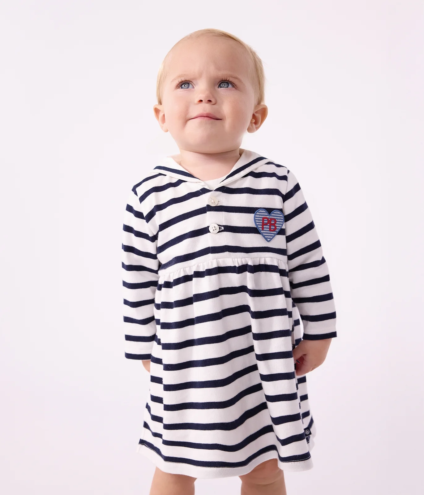 Babies' cotton dress with long sleeves and Breton stripes