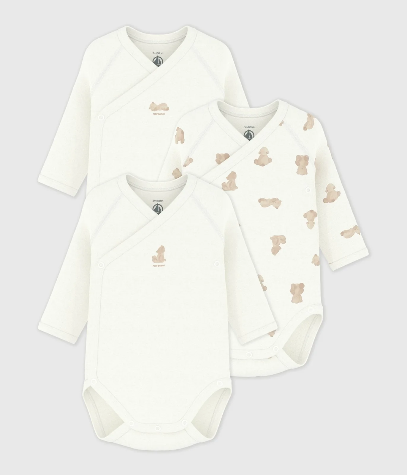 Pack of babies' long-sleeved printed cotton wrapover bodies