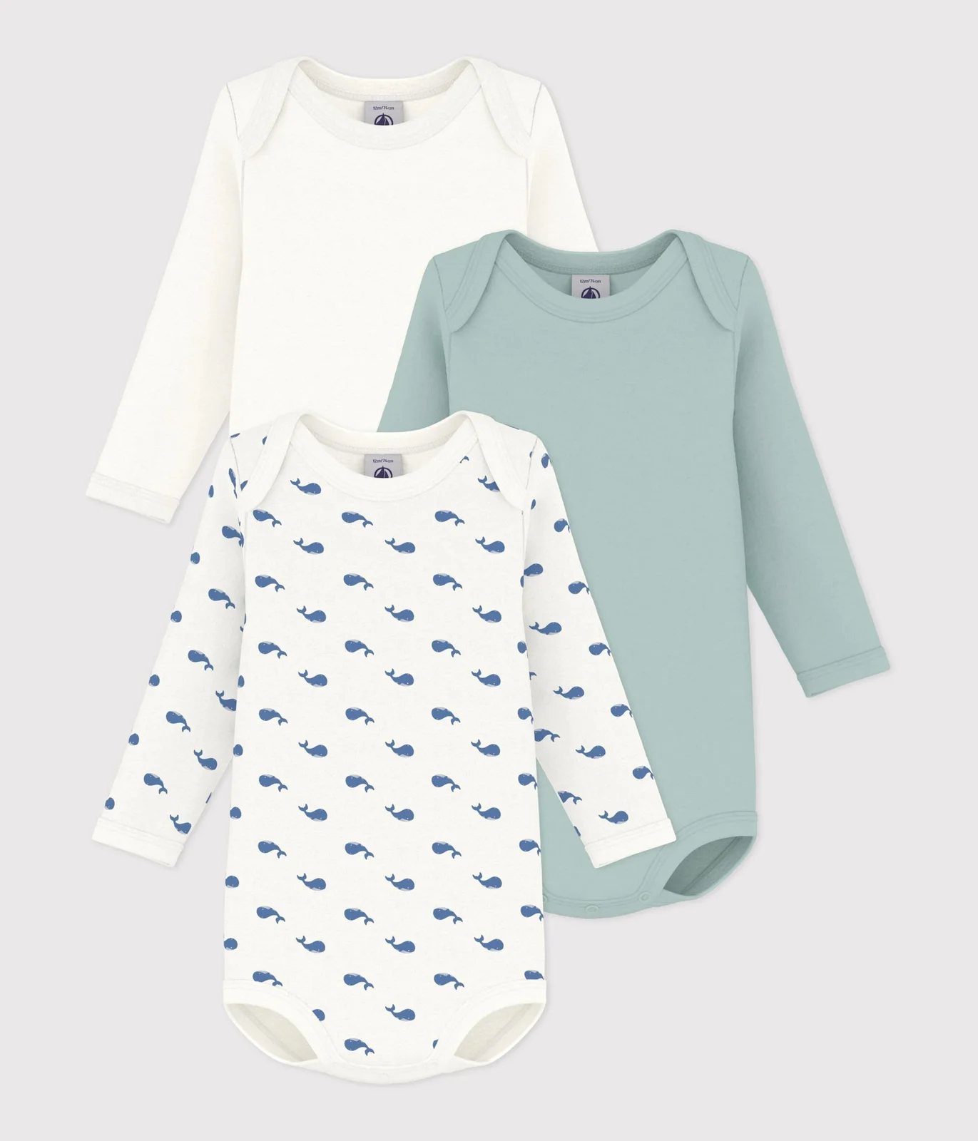 Pack of babies' long-sleeved whale-print cotton bodies