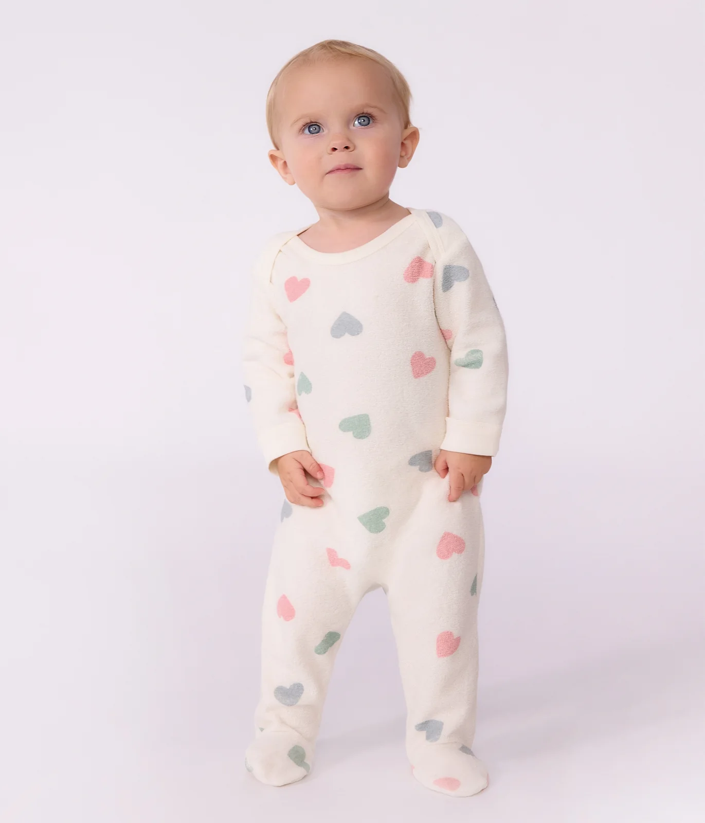 Babies' heart-print popper-free cotton terry pyjama suit