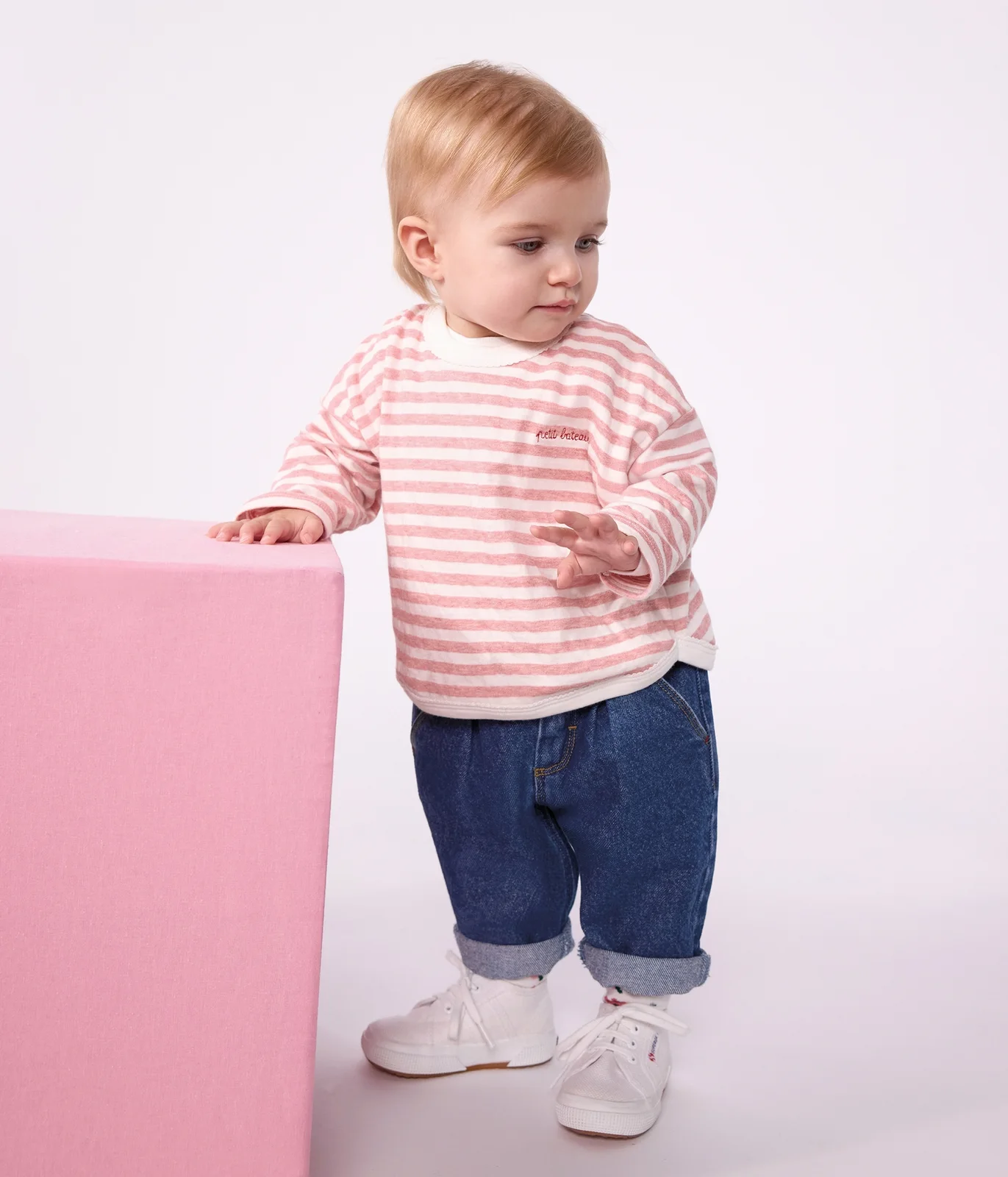Babies' long-sleeved stripy cotton T-shirt.
