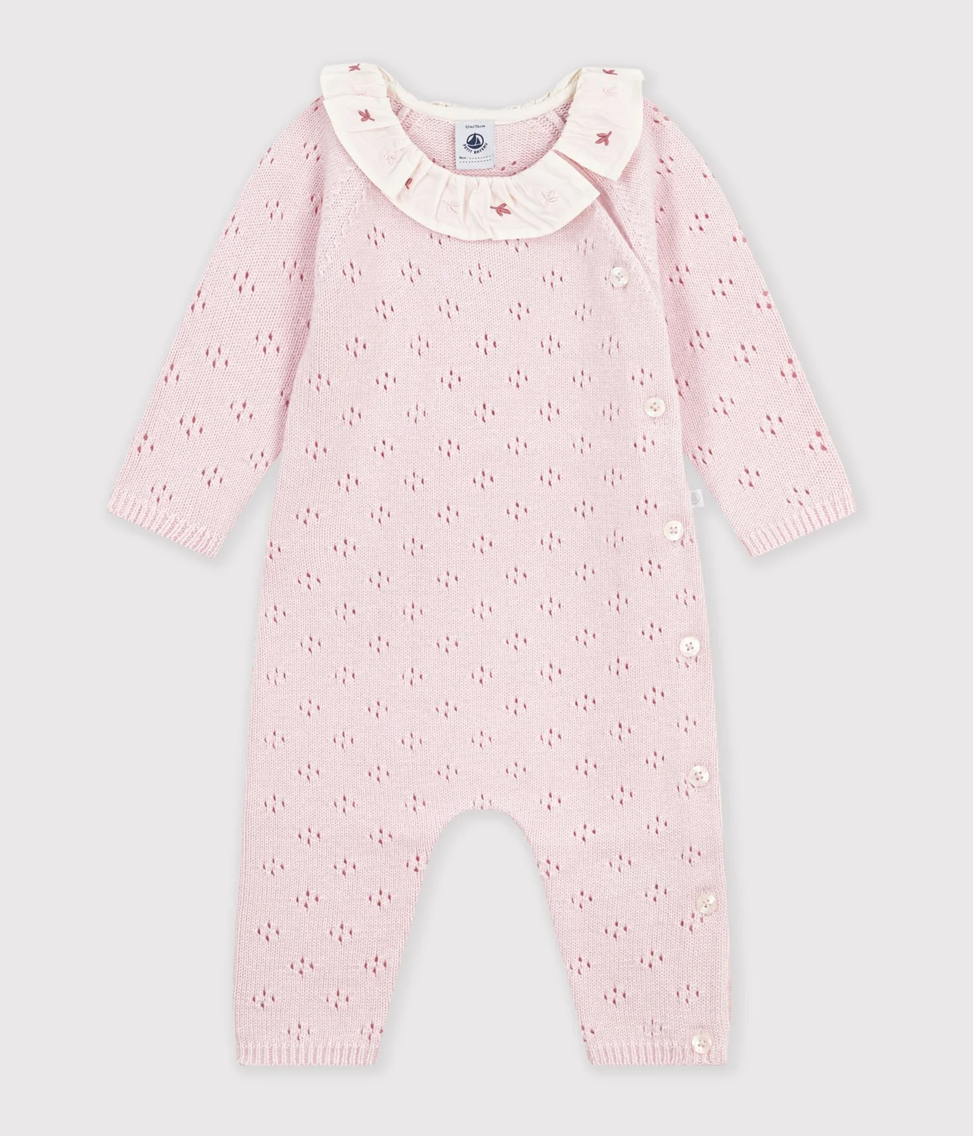 Babies' jumpsuit in wool and cotton knit with a plain collar